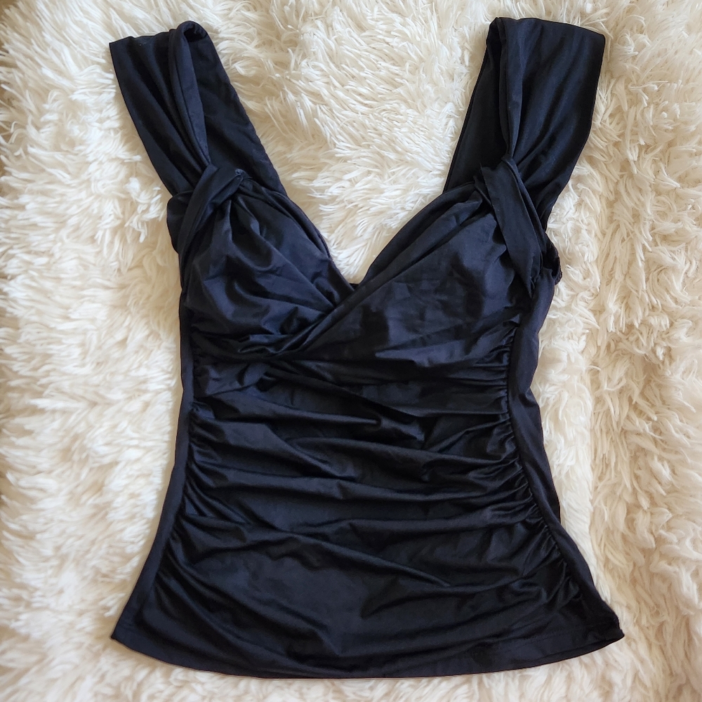 Badgley Mischka Pin Up Old Hollywood Style Rouched Black Tanktini Swim Top 6